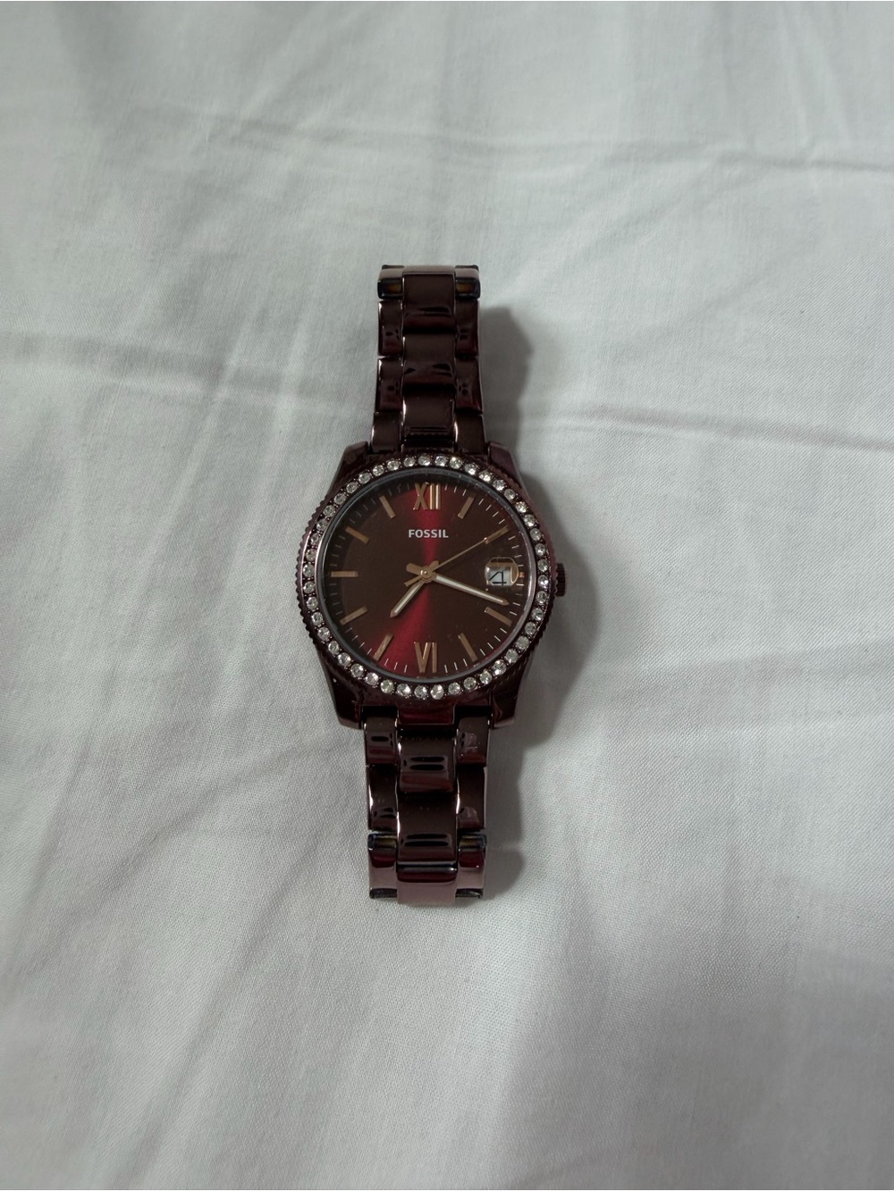 Fossil Purple Crystal Bezel Watch | Plum Metallic Stainless Steel | Date Display
